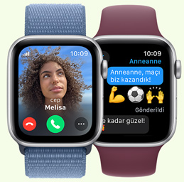 Ekranında arayan kişinin fotoğrafı ve adının yer aldığı bir gelen arama görünen Apple Watch SE