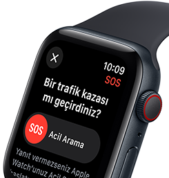 Ekranda görünen Apple Watch SE Trafik Kazası Algılama ile Acil Arama düğmesi