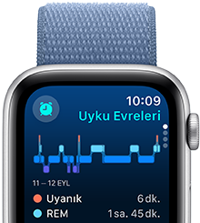 Ekranda Uyku evrelerini, uyanık geçen dakikaları ve REM uykusunda geçen dakikaları gösteren Uyku uygulaması görünüyor.