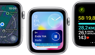 Çeşitli güncellenmiş uygulama ekranlarının gösterildiği Apple Wacth SE ekranlarının önden görünümü.