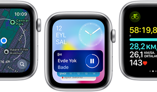 Çeşitli güncellenmiş uygulama ekranlarının gösterildiği Apple Watch SE modellerinin önden görünümü.