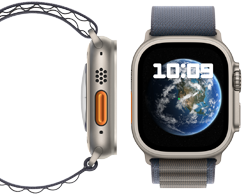 Yeni karbon nötr Apple Watch Ultra 2’nin önden ve yandan görünümü
