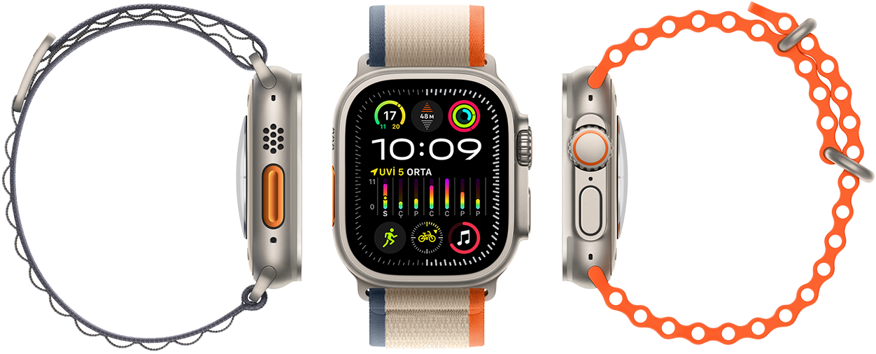 Üç kordon malzemesi türü, büyük ekran, sağlam titanyum kasa, turuncu renk Eylem düğmesi ve Digital Crown ile uyumlu Apple Watch Ultra 2 gösteriliyor